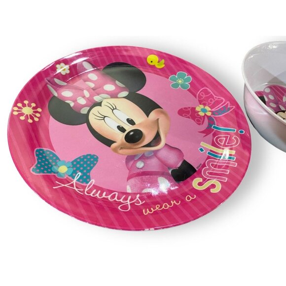 Minnie Mouse Kids Plate & Bowl Set Always Wear A Smile Pink & White - Picture 2 of 4